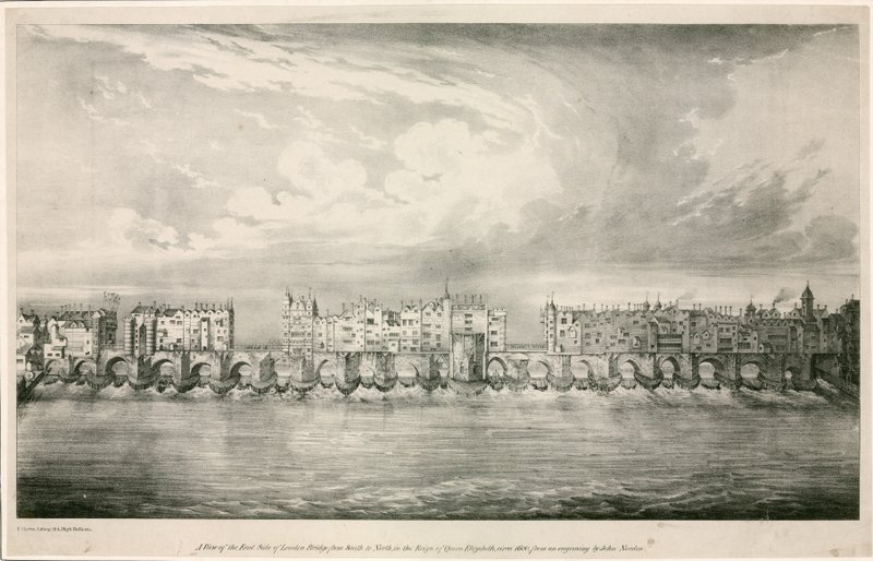 Widok na Old London Bridge jak za panowania królowej Elżbiety I autorstwa English School