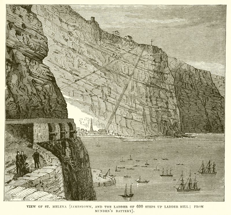 Widok na St. Helena (Jamestown i Drabina 600 Steps up Ladder Hill; z Mundens Battery) autorstwa English School