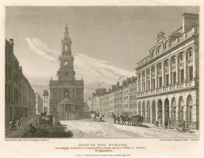 Widok na The Strand, w tym na północny front Somerset House i kościół St Mary-Le-Strand, Westminster, Londyn autorstwa English School
