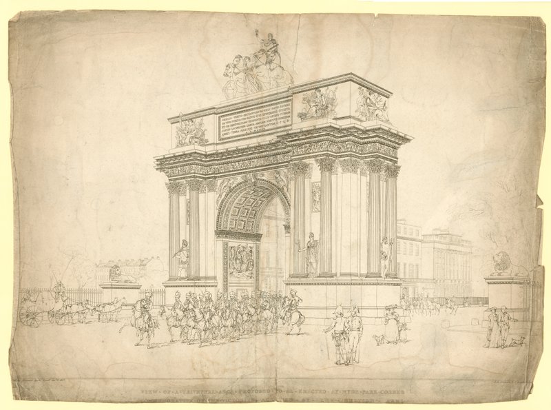 Widok łuku triumfalnego, który ma zostać wzniesiony w Hyde Park Corner autorstwa English School