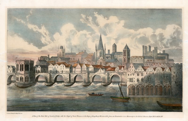 Widok na wschodnią stronę Old London Bridge z BM Royal MSS autorstwa English School