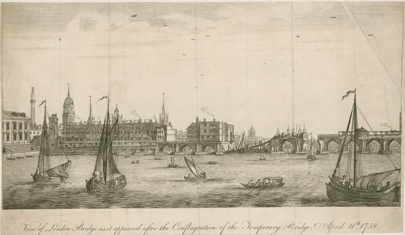 Widok starego London Bridge, jaki wyglądał po pożarze w 1758 r. autorstwa English School