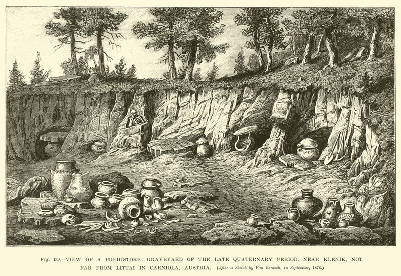 Widok prehistorycznego cmentarza z późnego czwartorzędu, niedaleko Klenika, niedaleko Littai w Krainie, Austria autorstwa English School
