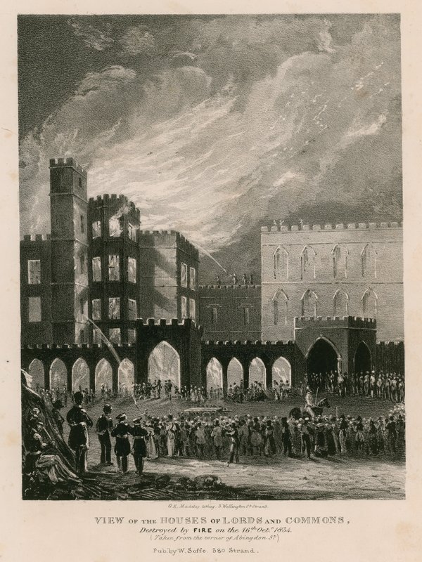 Widok Izby Lordów i Gmin, zniszczonych przez pożar 16 października 1834 r. autorstwa English School