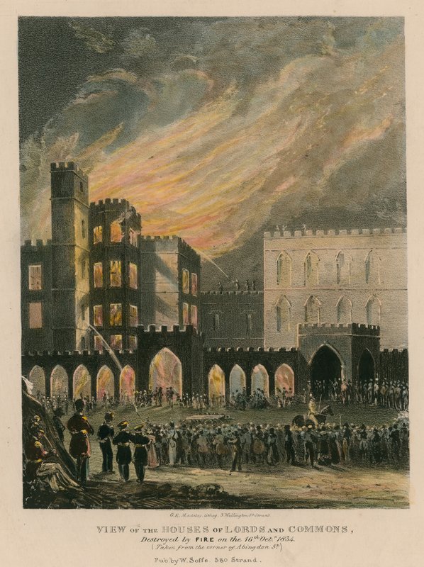Widok Izby Lordów i Gmin, zniszczonych przez pożar 16 października 1834 r. autorstwa English School
