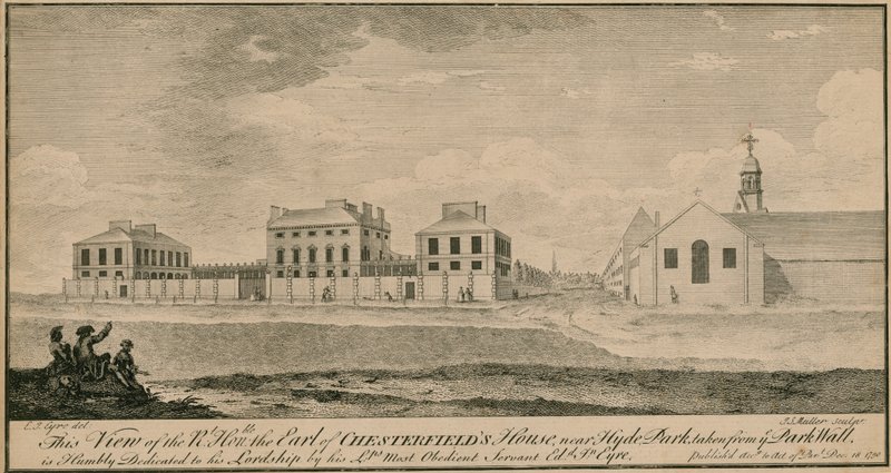 Widok domu Right Hon the Earl of Chesterfields w pobliżu Hyde Parku, zaczerpnięty z Park Wall autorstwa English School