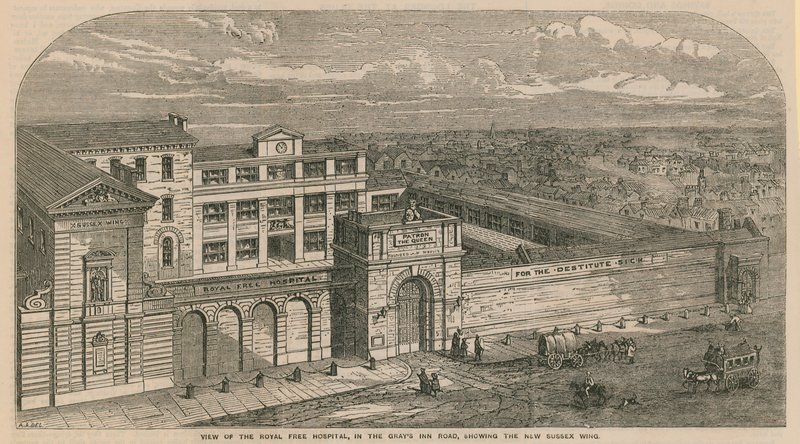 Widok na Royal Free Hospital przy Grays Inn Road, pokazujący nowe skrzydło Sussex autorstwa English School