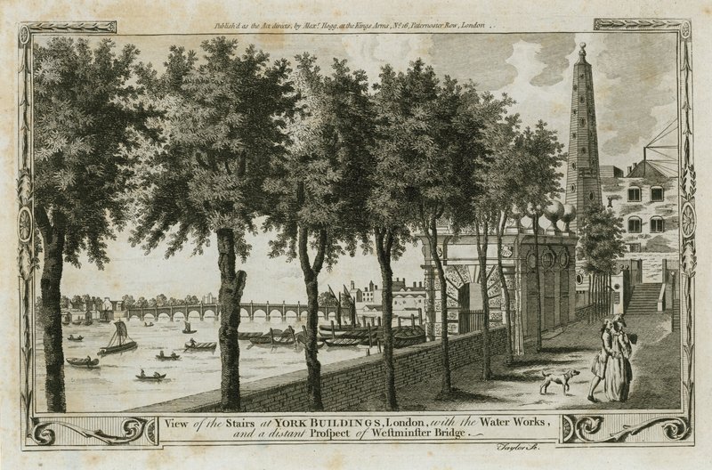 Widok na Schody w York Buildings, Londyn z wodociągami i odległą perspektywę Westminster Bridge autorstwa English School
