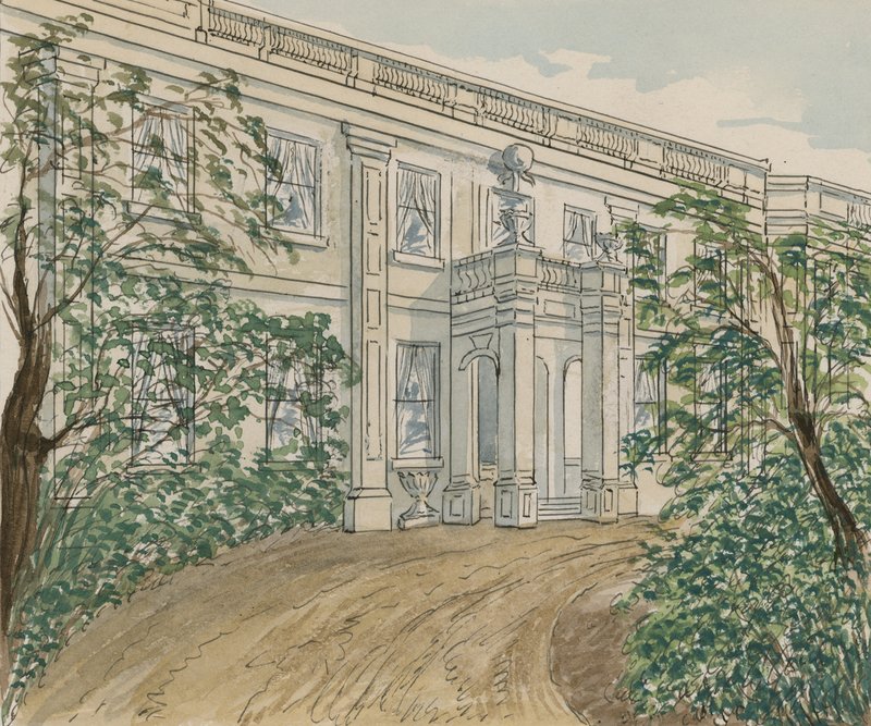 Widok domu pod nr 2 Palace Green, Kensington, w którym zmarł Thackery (wc na papierze) autorstwa English School