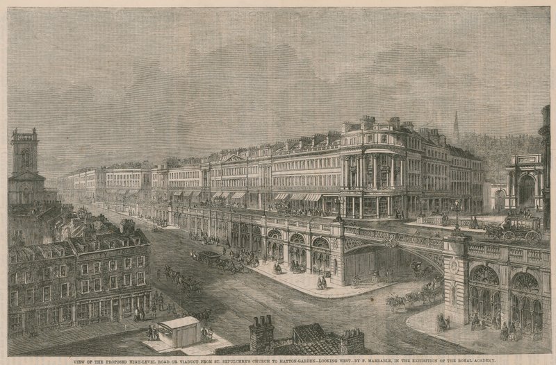 Widok na proponowaną wysokopoziomową drogę lub wiadukt z kościoła St Sepulchres do Hatton Gardens autorstwa English School