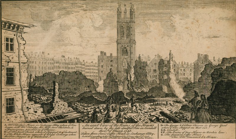 Widok na ruiny domów spalonych przez pożar w Cornhill w Londynie 25 marca 1748 r. autorstwa English School