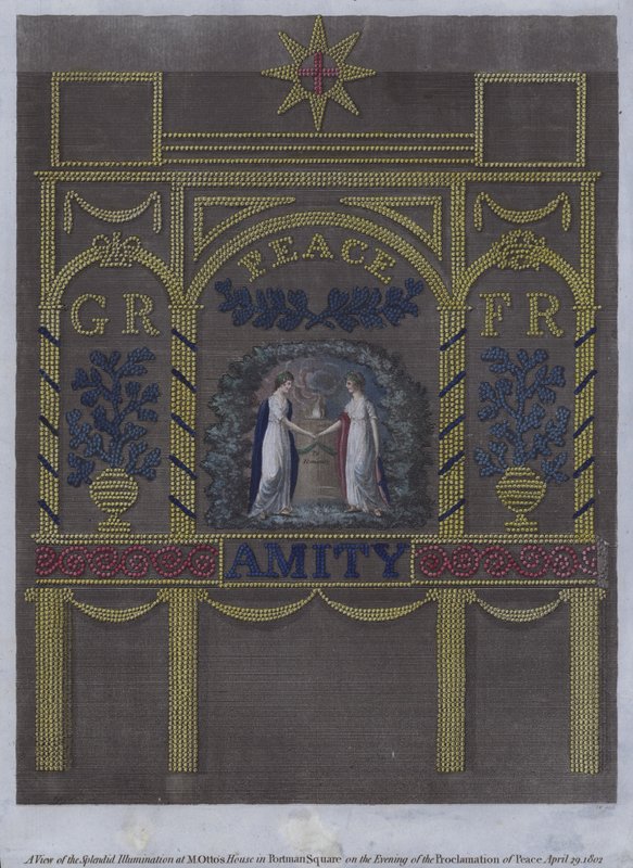 Widok wspaniałej iluminacji w domu M Ottona na Portman Square w Londynie w wieczór ogłoszenia pokoju, 29 kwietnia 1802 r. (kolorowa grawerunek) autorstwa English School