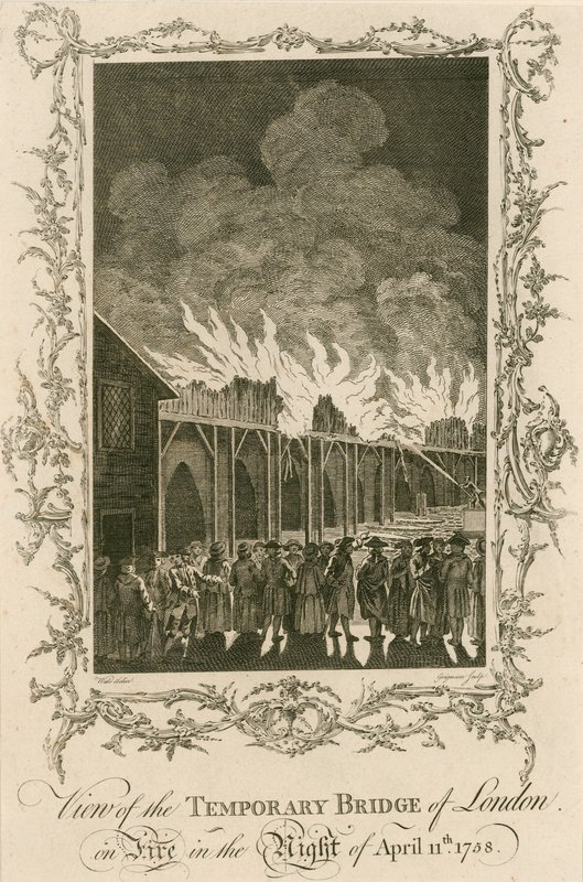 Widok na prowizoryczny most londyński płonący w nocy 11 kwietnia 1758 r. autorstwa English School