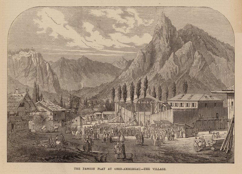 Wioska Oberammergau, Bawaria, miejsce corocznego przedstawienia pasyjnego (rycina) autorstwa English School