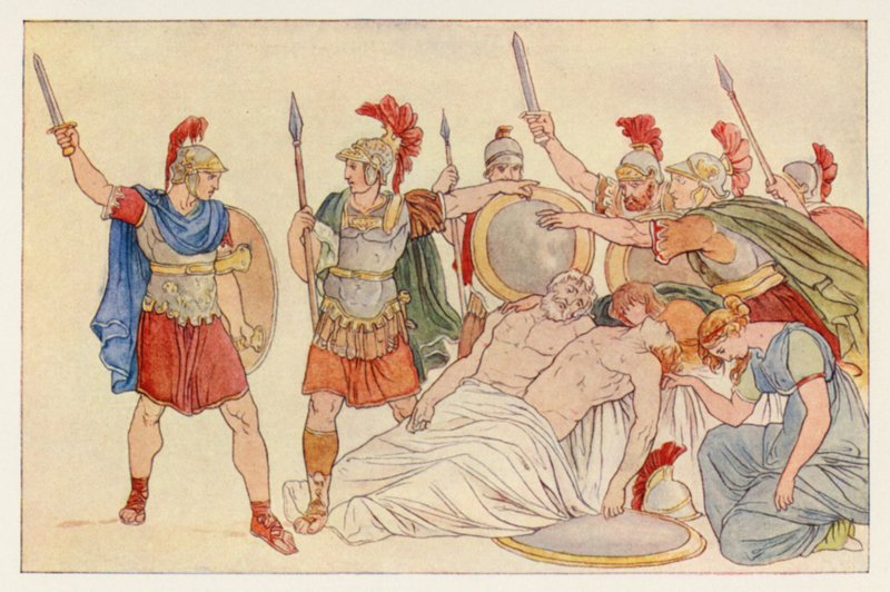 Eneida Wergiliusza: Turnus nad ciałami Alma i Galaesusa (kolor lito) autorstwa English School