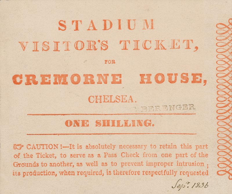 Bilet dla odwiedzających na stadion, Cremorne House, Londyn, wrzesień 1836 autorstwa English School