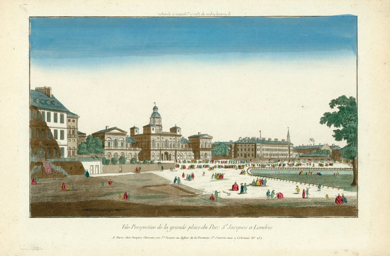 Widok perspektywiczny na główny plac Parc St Jacques w Londynie autorstwa English School
