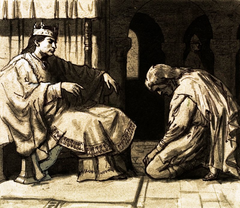 Waltheof udał się do Normandii, aby poprosić króla Williama o ułaskawienie (gwasz na papierze) autorstwa English School