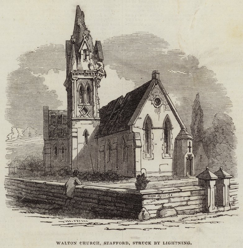 Walton Church, Stafford, uderzony przez piorun (rycina) autorstwa English School