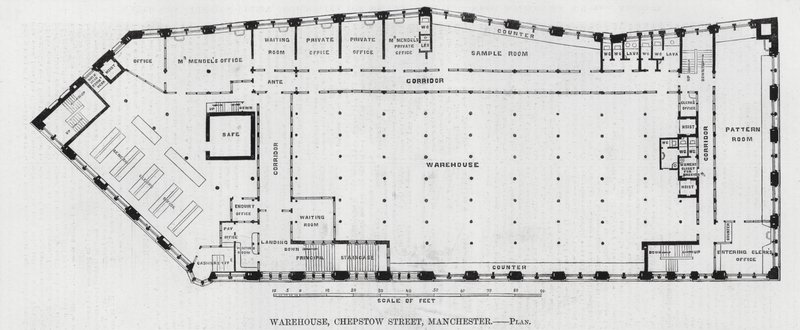 Magazyn, Chepstow Street, Manchester (grawerowanie) autorstwa English School
