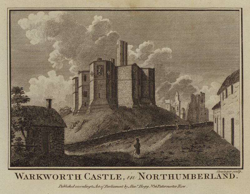 Zamek Warkworth w Northumberland (grafika) autorstwa English School