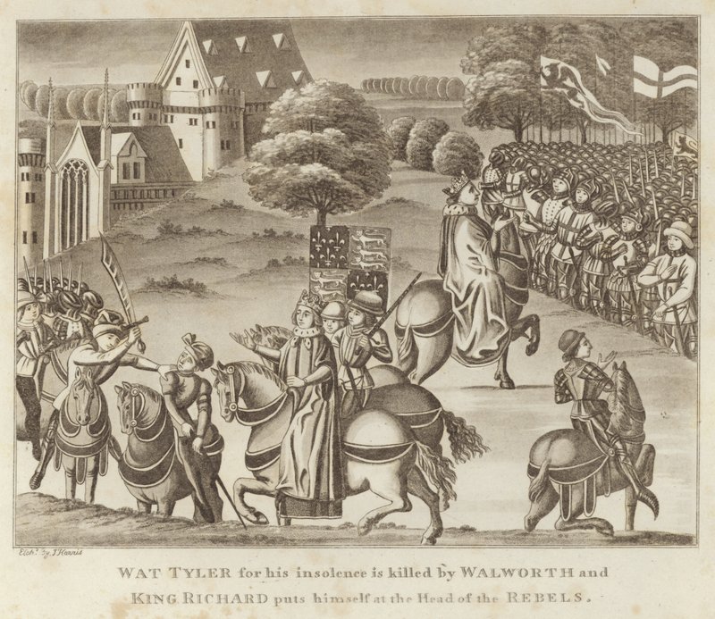 Wat Tyler za swoją bezczelność zostaje zabity przez Walwortha, a król Ryszard stawia się na czele Rebeliantów autorstwa English School