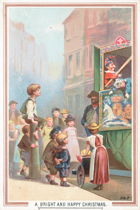 Oglądanie programu Punch and Judy, kartka świąteczna autorstwa English School