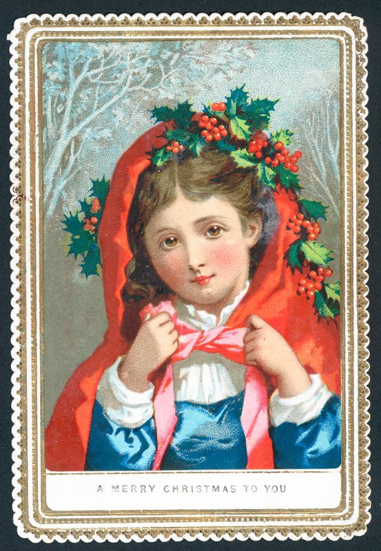 Ubrana w szal wystrojony w ostrokrzew, Kartka Świąteczna autorstwa English School