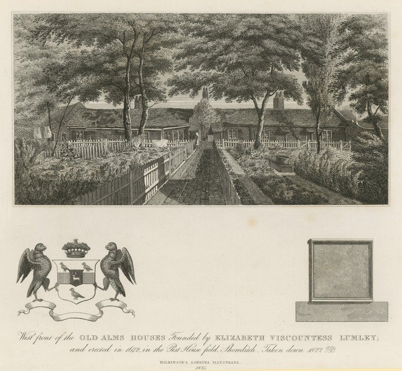 Zachodni front starych domów jałmużny założonych przez Elizabeth Viscountess Lumley (rycina) autorstwa English School