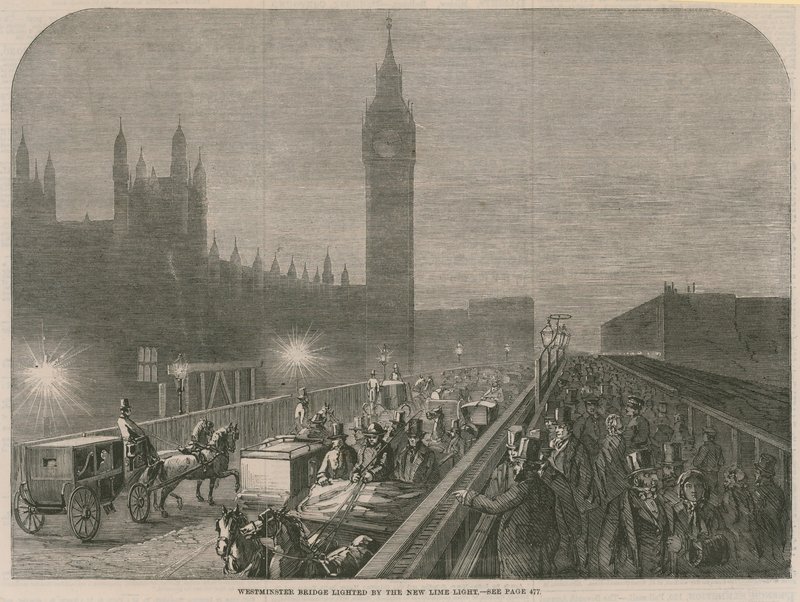 Westminster Bridge oświetlony nowym światłem wapiennym autorstwa English School