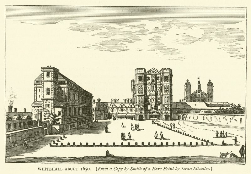 Whitehall około 1650, z kopii autorstwa Smitha rzadkiego druku Israela Silvestre autorstwa English School