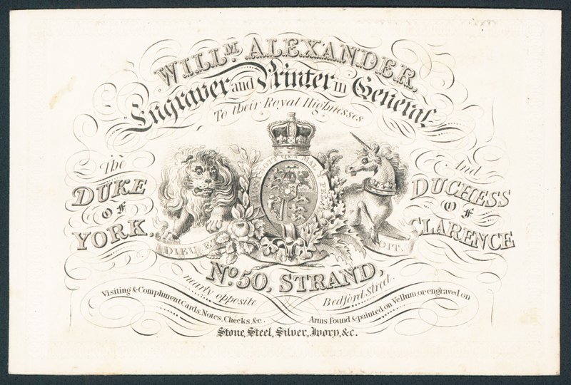 William Alexander, grawer i drukarz w ogóle do ich królewskich wysokości, karta handlowa autorstwa English School