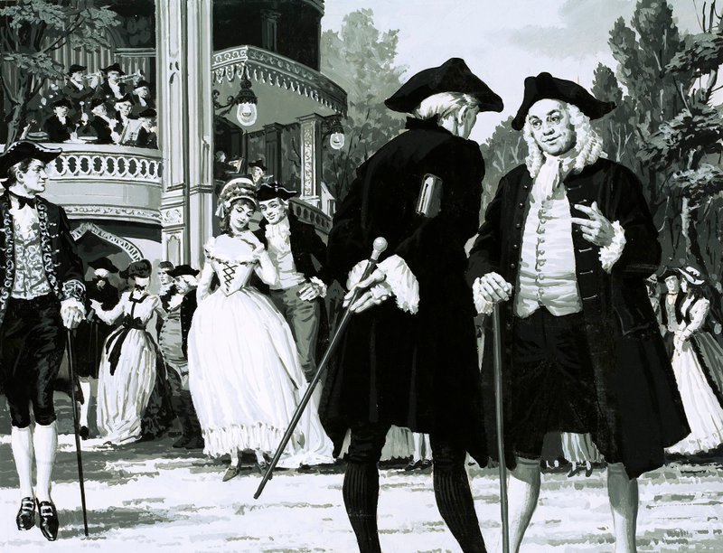 William Hogarth przechadza się po ogrodach Vauxhall (gwasz na papierze) autorstwa English School