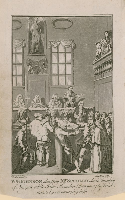 William Johnson strzela do pana Spurlinga, szefa Turnkey of Newgate, podczas gdy Jane Housden (wtedy na rozprawę) stoi, zachęcając go autorstwa English School