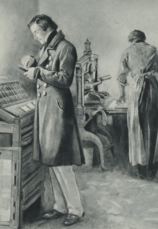 William Lloyd Garrison ustawia czcionkę dla swojej gazety autorstwa English School