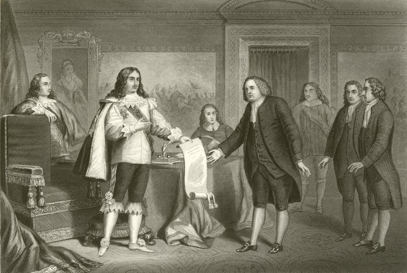 William Penn otrzymuje Kartę Pensylwanii od Karola II autorstwa English School