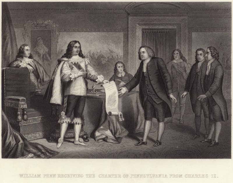William Penn otrzymuje Kartę Pensylwanii od Karola II autorstwa English School