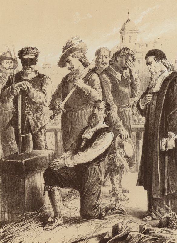 William Viscount Stafford, "Uklęknął przed blokiem" (litografia) autorstwa English School