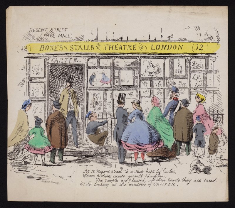 Okno humorystycznej drukarni Cartera, Regent Street London (kolorowy grawerunek) autorstwa English School