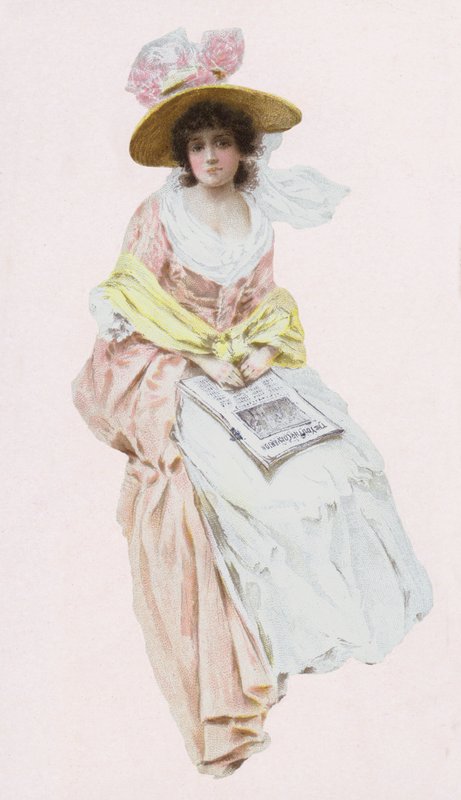 Kobieta w sukni wiktoriańskiej lub edwardiańskiej czytająca gazetę (chromolitho) autorstwa English School