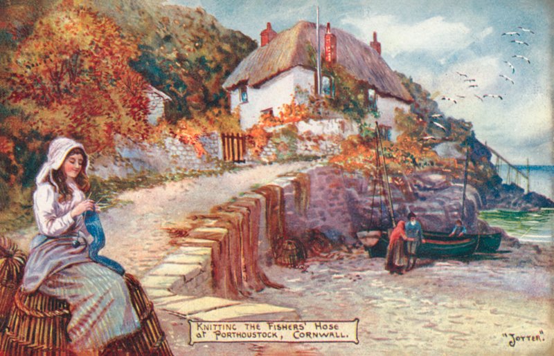 Kobieta robi na drutach wąż rybaka, Porthoustock, Kornwalia (kolor litho) autorstwa English School