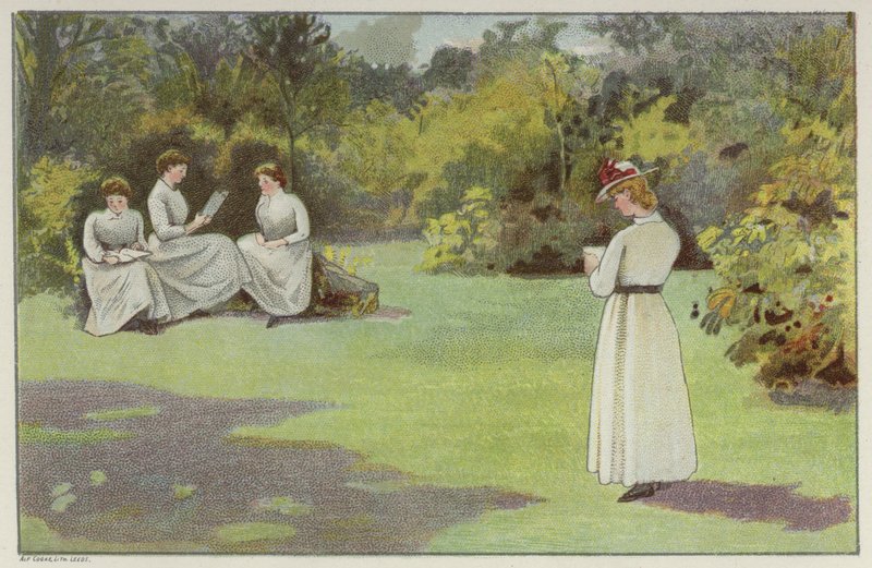 Kobiety relaksujące się w cichym zakątku Bournville, Birmingham (chromolitho) autorstwa English School