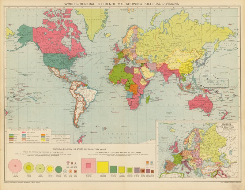 Świat, ogólna mapa referencyjna przedstawiająca podziały polityczne (kolorowa litografia) autorstwa English School