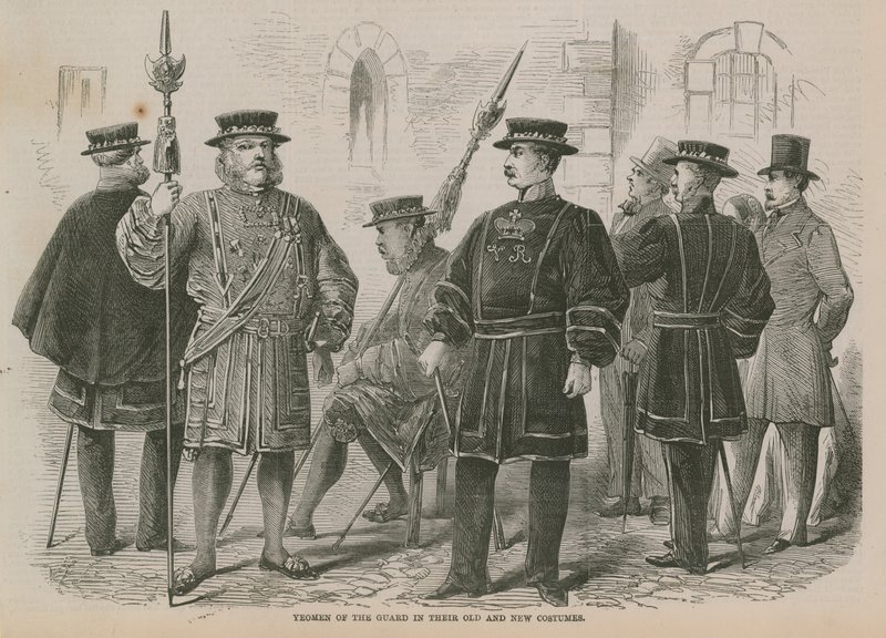 Yeomen of the Guard w starych i nowych strojach autorstwa English School
