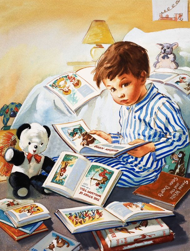 Młody chłopiec czytający książki autorstwa English School