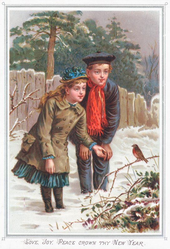 Młoda para patrząca na Robin, kartka noworoczna autorstwa English School
