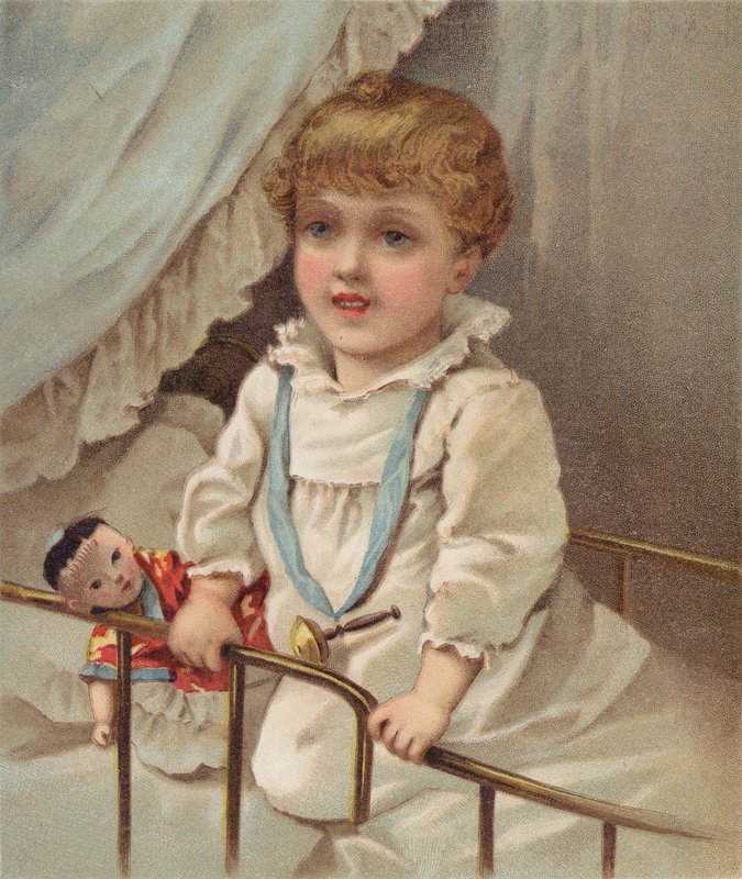 Małe dziecko w łóżeczku (chromolit) autorstwa English School