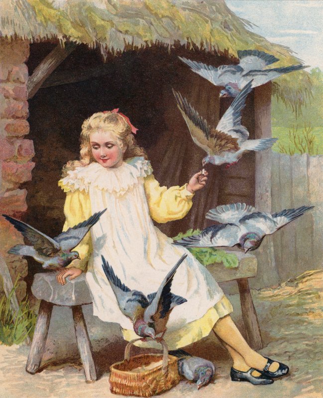 Młode dziewczyny karmiące gołębie na farmie (chromolitho) autorstwa English School