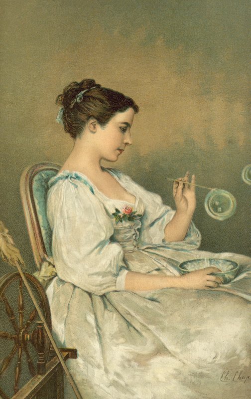 Młoda kobieta dmuchająca bańki (chromolitho) autorstwa English School