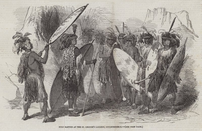 Zulu Kaffirs w Galerii św. Jerzego, Knightsbridge (grafika) autorstwa English School
